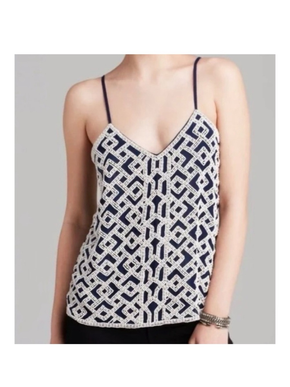 Parker Navy silk Blue Beaded geometric art deco Lattice Camisole Tank Top S